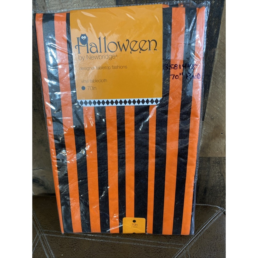 Halloween Newbridge Vinyl Tablecloth 70" Round Flannel Fall orange black Striped